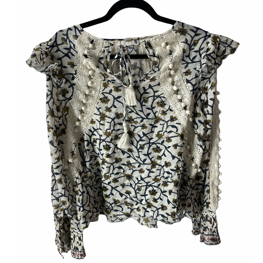 Sea New York Shirt Womens 6 White Yellow Floral Lace Eyelet Tassel Ruffle Blouse